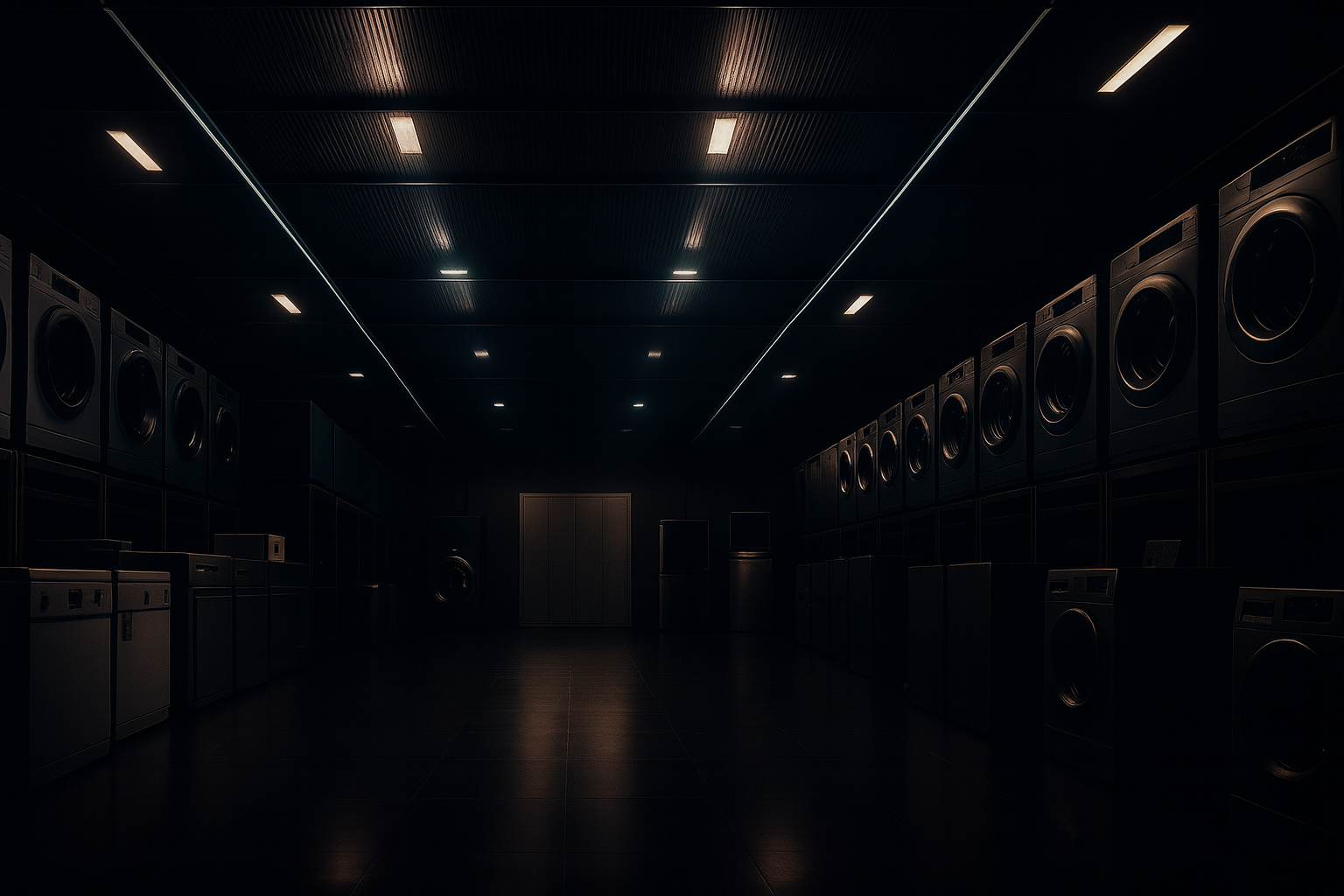 Rows of washing machines and appliances in a warehouse